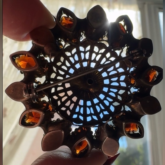 Vintage Gemstone Brooch, Navette Cut, Flower, Topaz, Amber, Brasstone, 2in - Picture 5 of 5